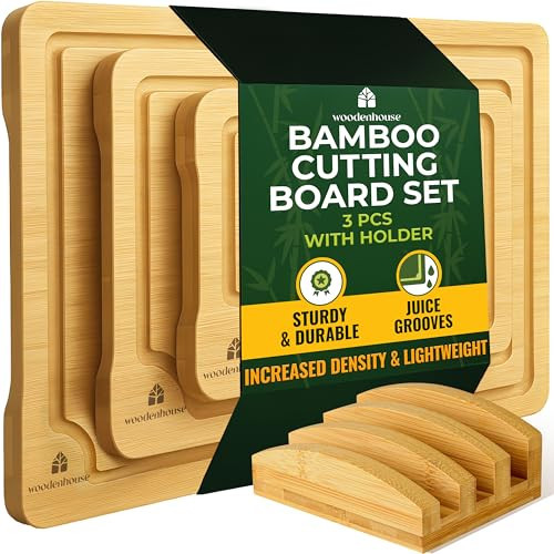 Bamboo Cutting Board Set of 3 - Thick & Durable Wood Cutting Boards with Deep Juice Grooves & Build-in Handles, Large Surface, Easy to Clean – for Meat, Vegetables and Fruits (Set of 3 with Holder) | Amazon (US)