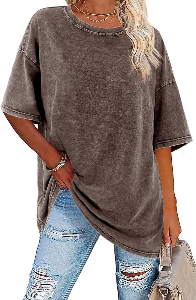 Imily Bela Womens Oversized T Shirts Vintage Cotton Tees Crewneck Short Sleeve Washed Summer Tuni... | Amazon (US)