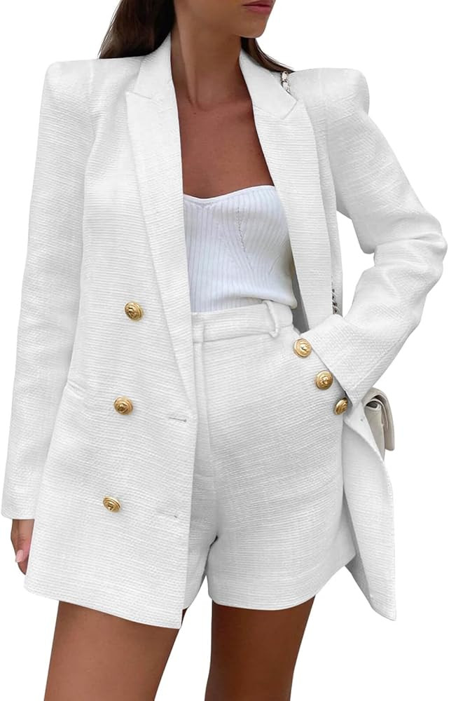 Cicy Bell Womens 2 Piece Tweed Blazer Shorts Sets Long Sleeve Double Breasted Suit Jackets Busine... | Amazon (US)