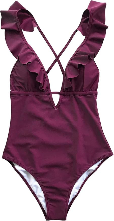 CUPSHE Women's One Piece Swimsuit Ruffle Deep V Neck Strappy Swimwear Bathing Suits | Amazon (US)