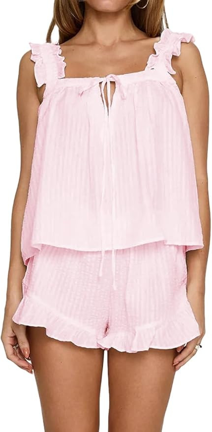 Womens Ruffle Short Set 2 Piece Outfits Fashion Summer Sleeveless Top and Shorts Cozy Pajama Sets | Amazon (US)