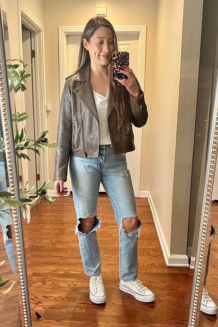 Ootd ✨ brown leather jacket is 40% off! Organic white tee, denim and converse ✨ #leatherjacket #organicclothing #converse 

#LTKfindsunder100 #LTKGiftGuide #LTKsalealert