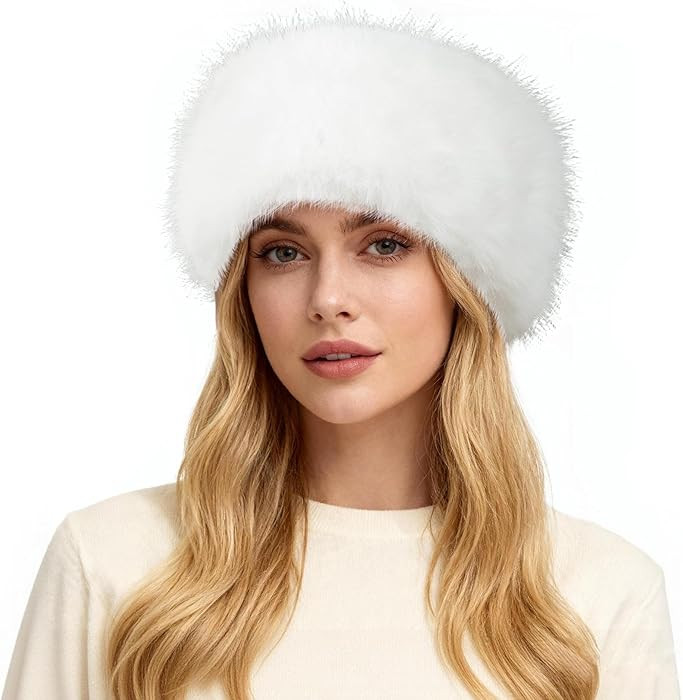 HH HOFNEN Faux Fur Headband for Women Winter Fur Hat with Stretch Ear Warmer Earmuff White | Amazon (US)
