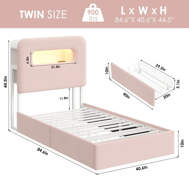Homfa Twin Size Velvet Upholstered Bed with LED Lights & 2 Drawers, Storage Headboard Platform Be... | Walmart (US)