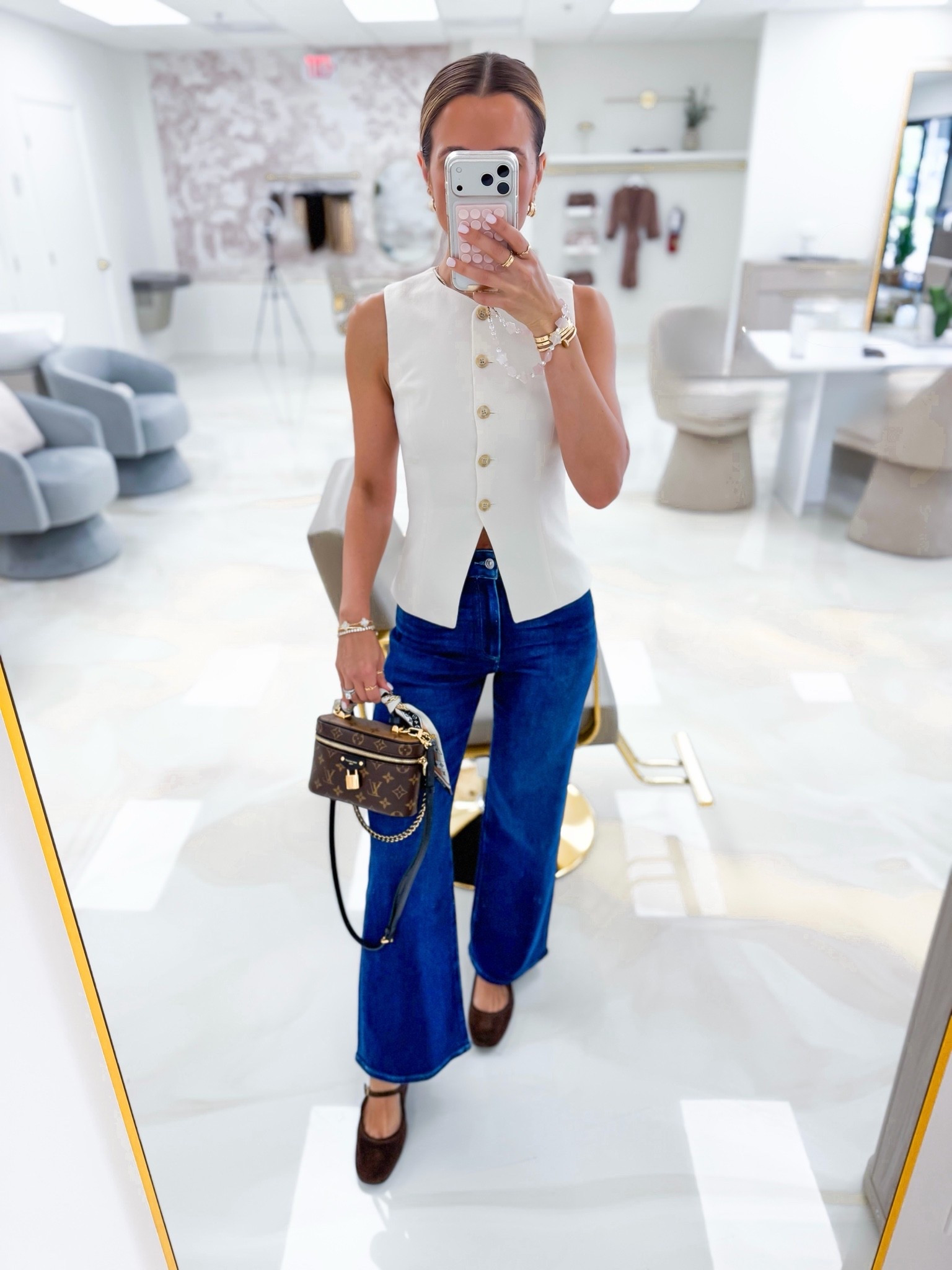 My elevated casual outfit of the day! Mom outfit. Summer outfit. Fall outfit. Aritzia vest in 00. Paige Anessa wide leg jeans in 00. Ballet mules are TTS. Fall shoes. Chocolate brown flats. Business casual outfit.

#LTKgrwm #LTKootd #LTKPetite