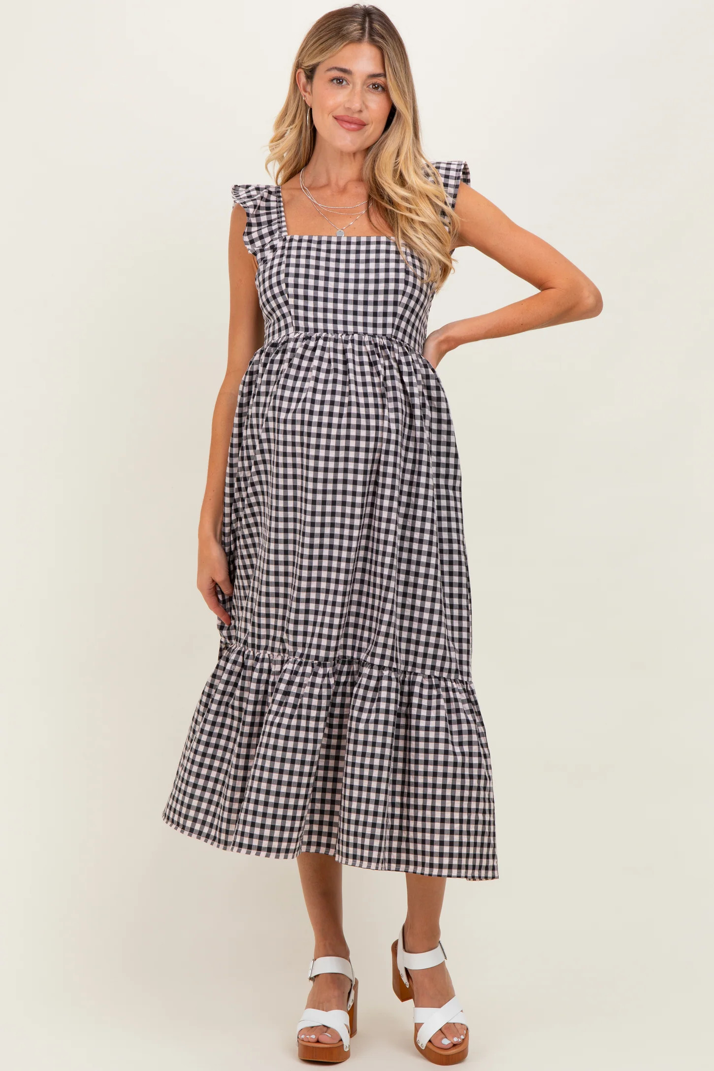 Olive Gingham Ruffle Strap Maternity Midi Dress | PinkBlush Maternity