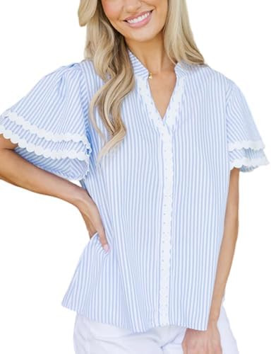 Yeokou Womens Striped Shirt V Neck Short Puff Sleeve Cotton Pullover Top Casual Summer Button Dow... | Amazon (US)
