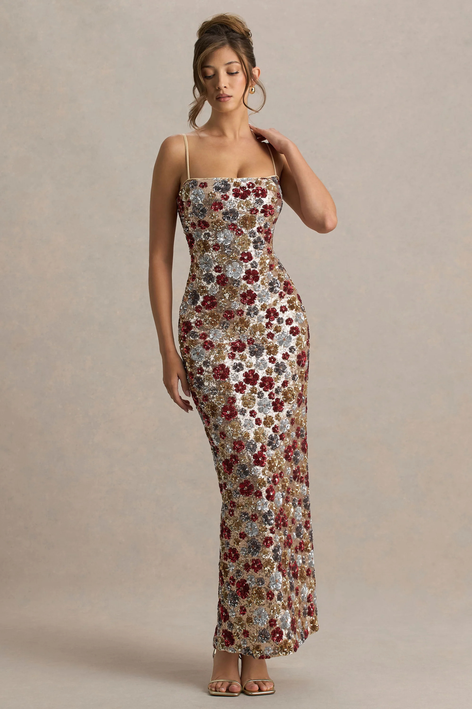 Vitora | Red Floral Embellished Sequin Square-Neck Maxi Dress | Club L London