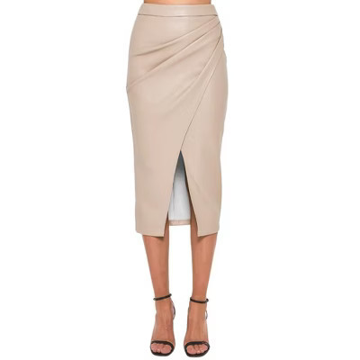 Women Faux Leather Midi Skirt Ruched Wrap Side Slit Skirt, Beige, M | Target