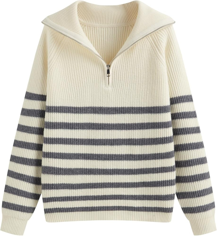 CIDER Women's Striped Quarter Zip Pullover Sweater Mock Neck Knit Fall Fashion Casual Sweater | Amazon (US)