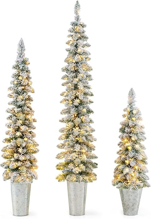 Goplus 3' 4' 5' Pre-Lit Snow Flocked Christmas Tree Set of 3, Slim Pencil Artificial Potted Xmas ... | Amazon (US)
