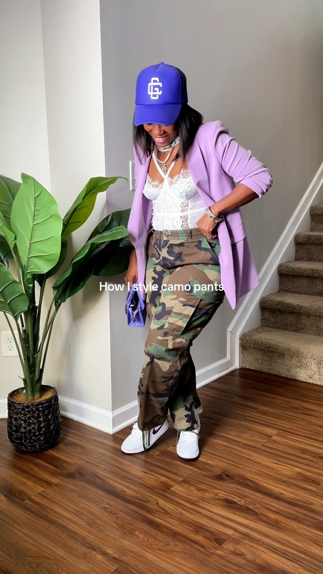 How I style camo pants with a blazer, lace bodysuit, trucker hat, mini purse, and sneakers

#LTKgrwm #LTKPetite #LTKootd