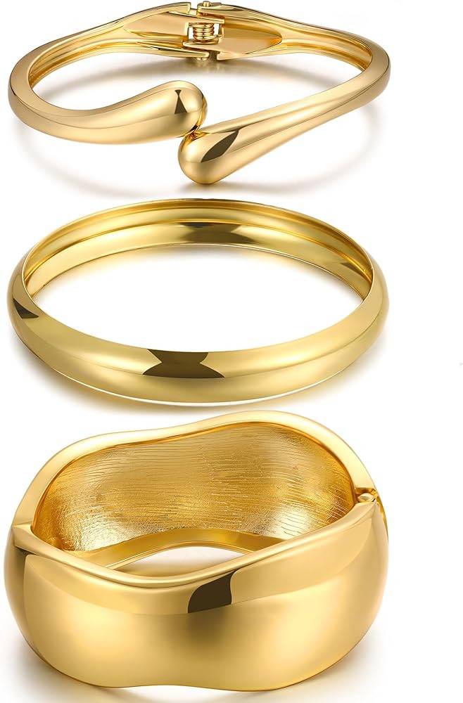 Chunky Gold Bangle Bracelets for Women, Dainty 14k Gold Plated Big Stackable Bangles Set, Trendy ... | Amazon (US)