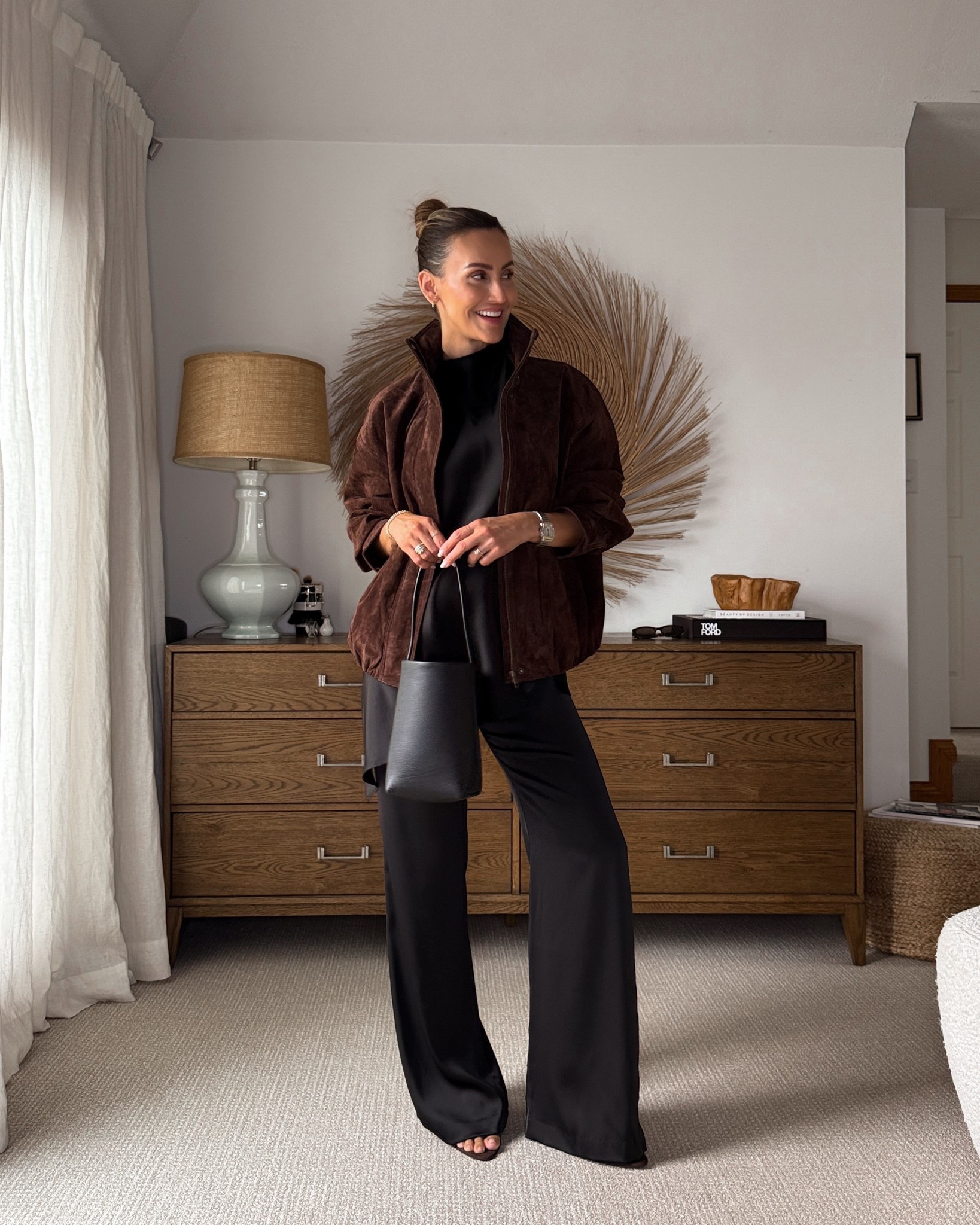 I personally love black and brown styled together! The brown adds warmth to the cool black! And the textures just make this outfit so elevated and chic! Size xs on silk pieces and small on suede jacket 

#LTKWedding #LTKFindsUnder100 #LTKStyleTip