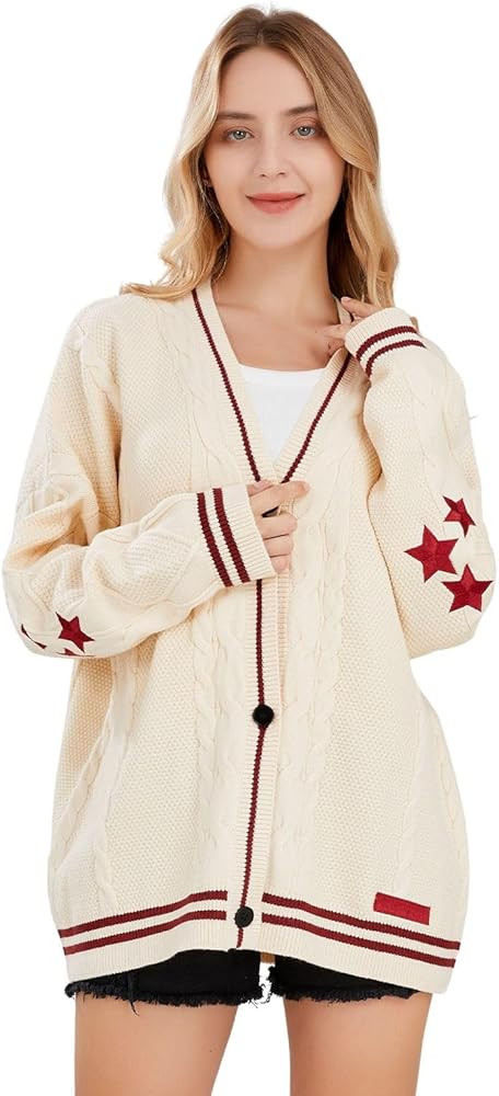 ebossy Women's Open Front Stars Embroideried Cable Knit Cardigans Button Down Sweater Outwear | Amazon (US)
