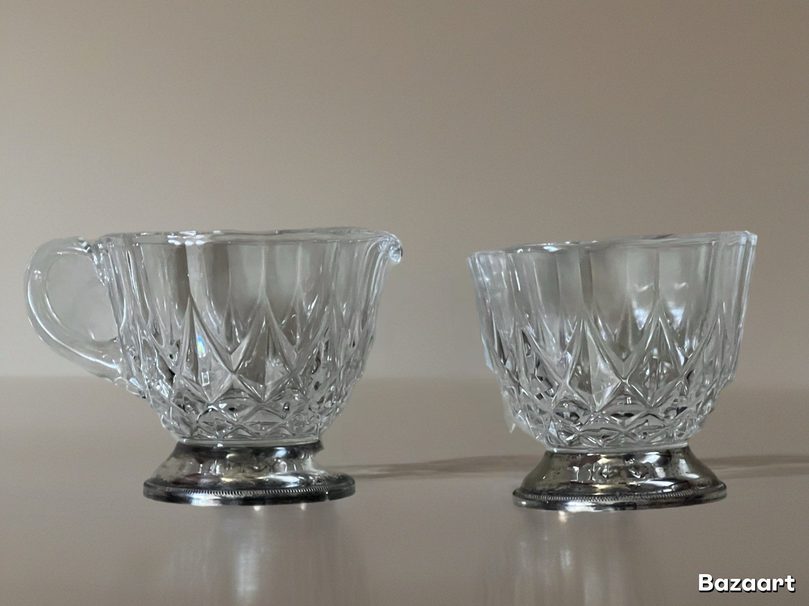Vtg Val Saint Lambert Crystal Creamer &amp; Sugar Bowl Silver Plated Bottom Rim Sign | eBay US