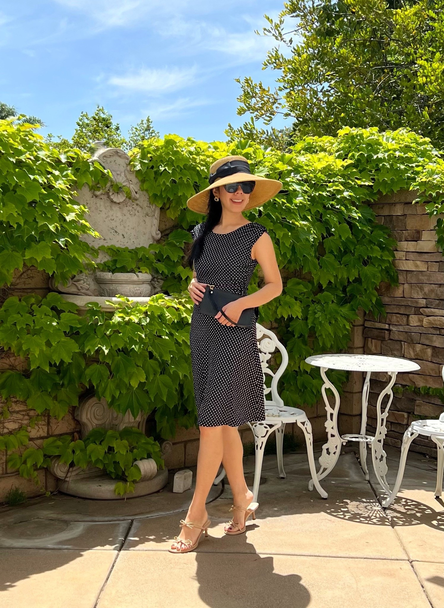Leaning into prints this season! It’s still very warm so I pulled out this cap sleeve, boat neck, ruched black and white polka dot midi dress. I wanted to make it a bit more glamorous so I paired it with my oversized floppy sun hat. I kept my accessories minimal with a slim black shoulder bag and nude double bow kitten heels.   

#polkadots #sundress #floppyhat

#LTKPetite #LTKStyleTip #LTKShoeCrush
