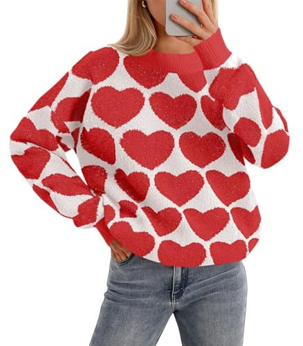 Saodimallsu Womens Heart Sweaters Valentines Fuzzy Knit Crewneck Cute Loose Sweaters Red | Amazon (US)