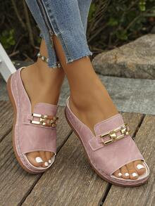 LocalA Pair Of Simple And Pure-Colored Women's Sandals With Metal Chain Buckle, Open-Toe Round He... | SHEIN