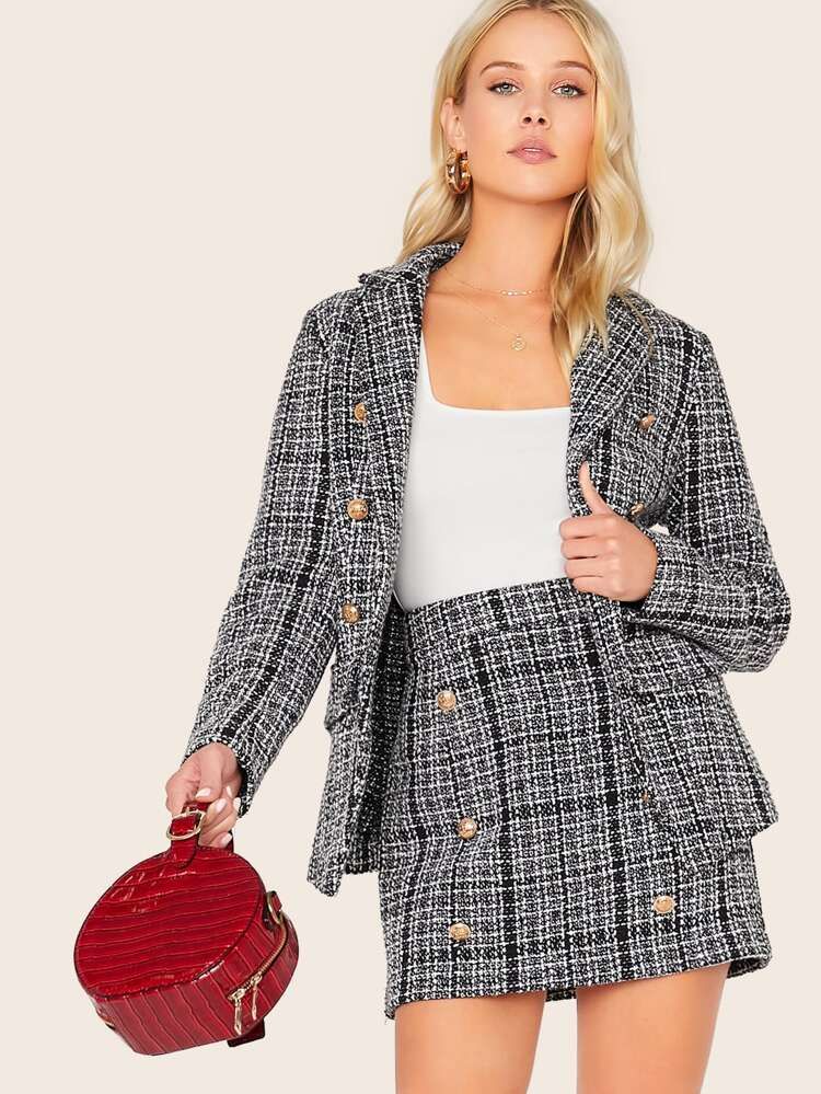 Double Breasted Notched Collar Tweed Blazer & Skirt Set | SHEIN