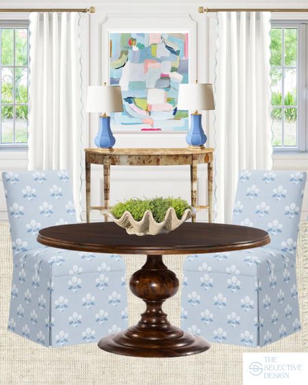 🩵 a timeless, colorful kitchen . 

Breakfast nook, dining room, kitchen table, abstract wall art, colorful wall art, scalloped curtains, traditional dining room table, floral dining chair, upholstered dining chair, side chair, French blue lamp, burl wood table, jute rug, classic home decor, southern home decor, Grandmillennial home decor  

#LTKhome
