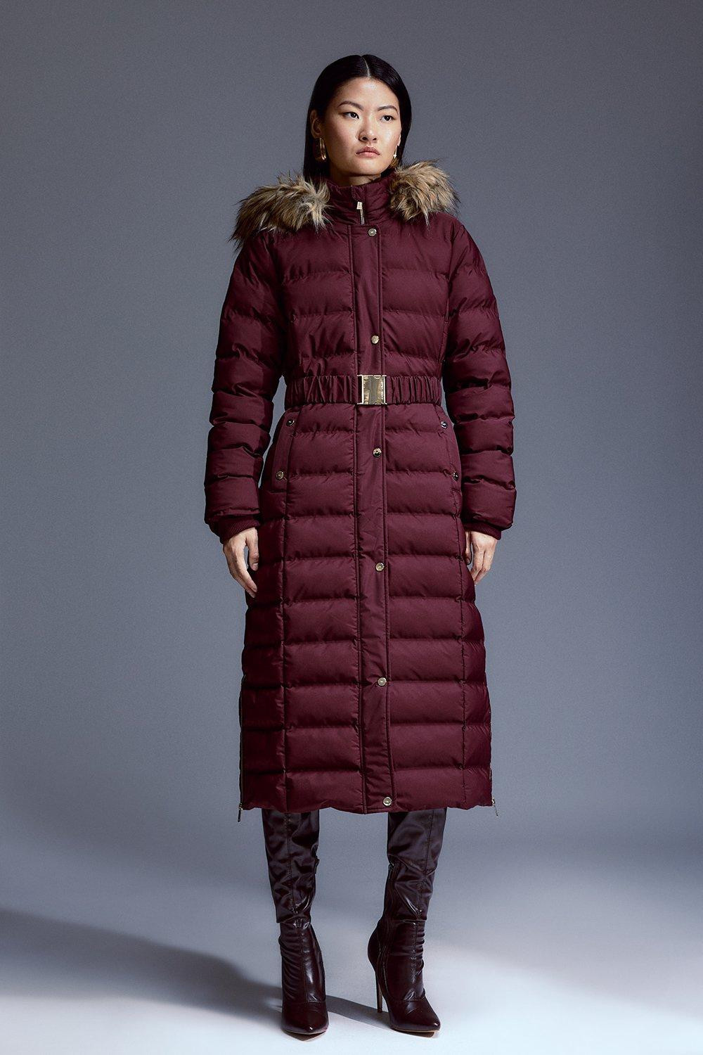 Heat Seal Puffer Belted Faux Fur Hood Longline Jacket | Karen Millen UK + IE + DE + NL