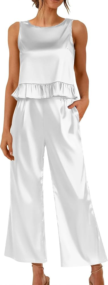 Ekouaer Womens Satin Pajamas Set 2 Piece Silk Outfits Sleeveless Tank Crop Wide Leg Pants Sleepwe... | Amazon (US)