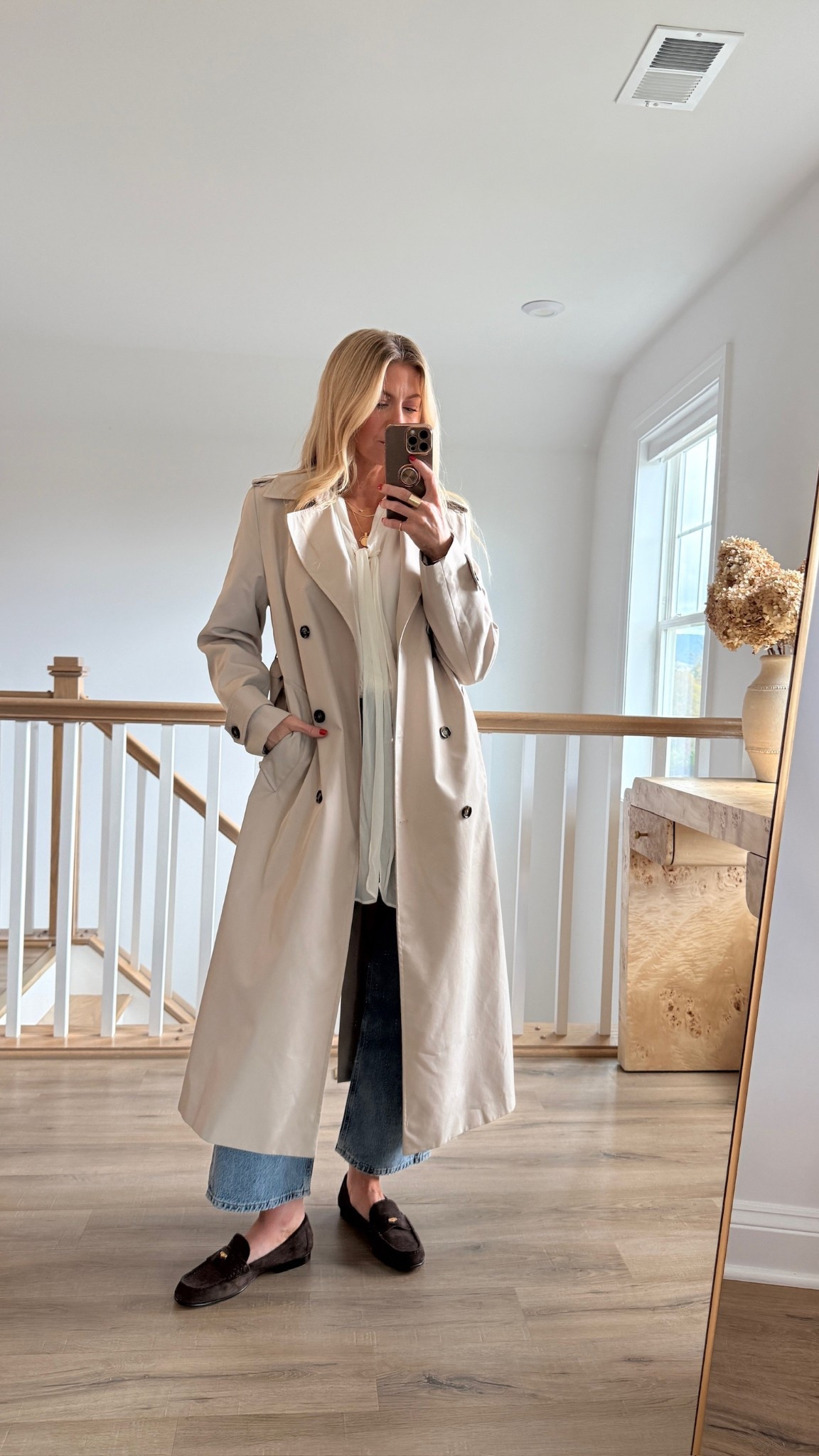 Cream tie blouse (runs TTS)
Mid rinse high rise denim: runs TTS
Trench coat: (runs TTS)

#LTKBeauty #LTKSeasonal #LTKStyleTip