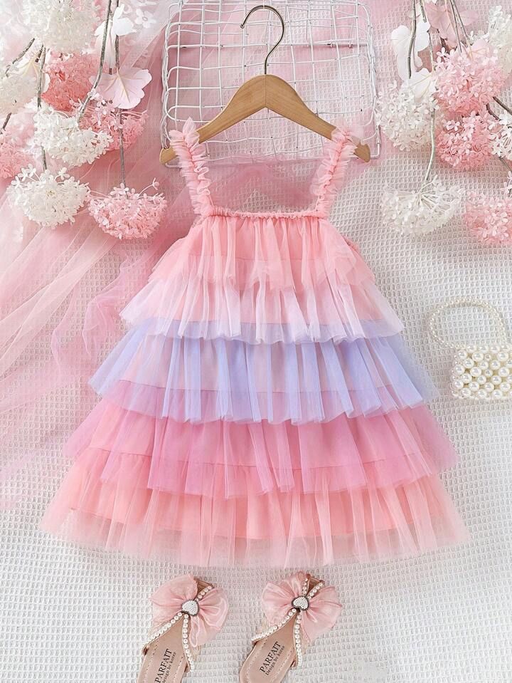 Toddler Girls Color-block Layered Mesh Ruffle Cami Dress | SHEIN
