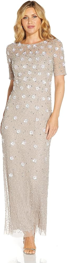 Adrianna Papell (ADRIL) Women's Long Hand Beaded 3D Floral Dress with Elbow Sleeves | Amazon (US)