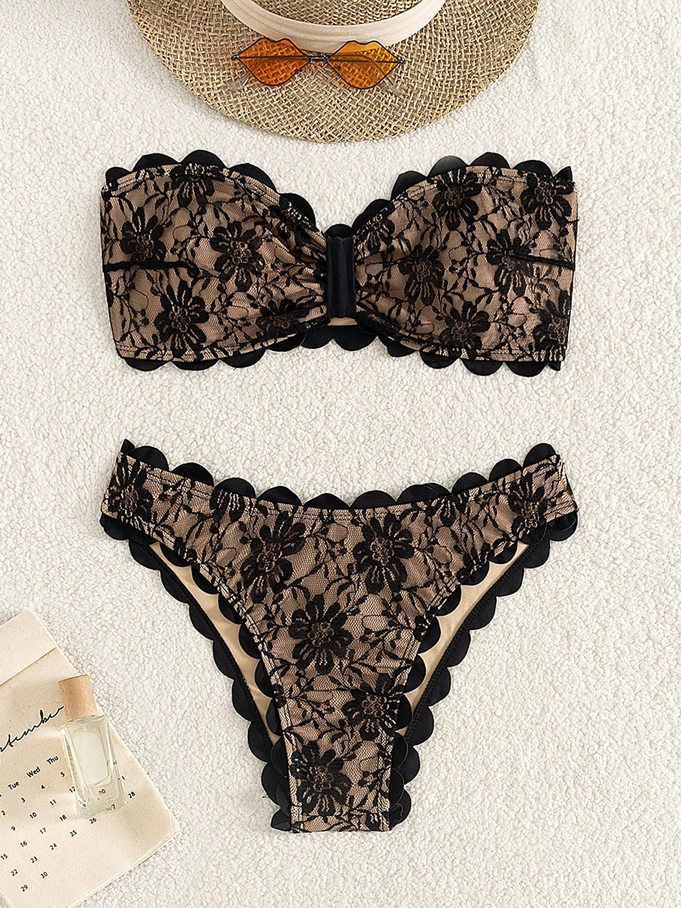 Women's Summer Beach Floral Lace Bandeau Sexy Bikini Set, Two-Piece Bikini Set | SHEIN