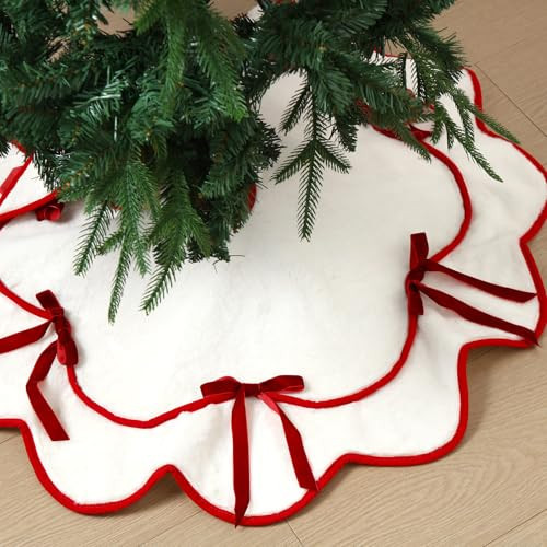 Soulchen Red Velvet Bow Christmas Tree Skirt 36 Inches White Scalloped Furry Plush Bow Tree Stand Collar Blanket Vintage Xmas Decorations for Indoor Outdoor Decor Holiday Supplies | Amazon (US)