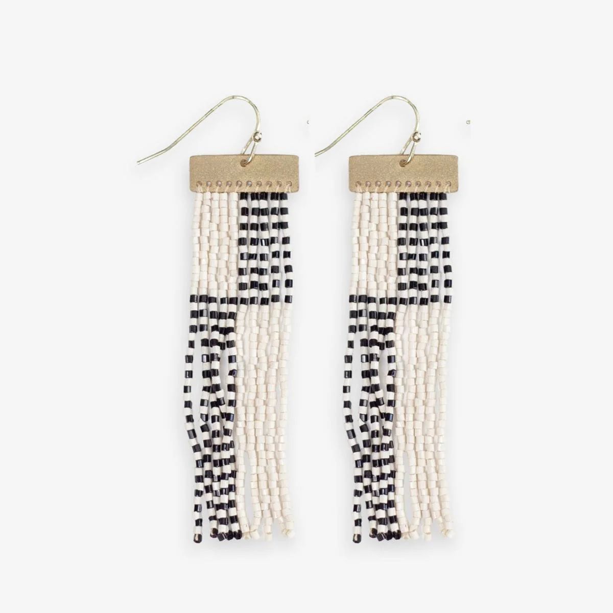Lana Rectangle Hanger Colorblocks With Stripes Beaded Fringe Earrings Black/White | INK+ALLOY