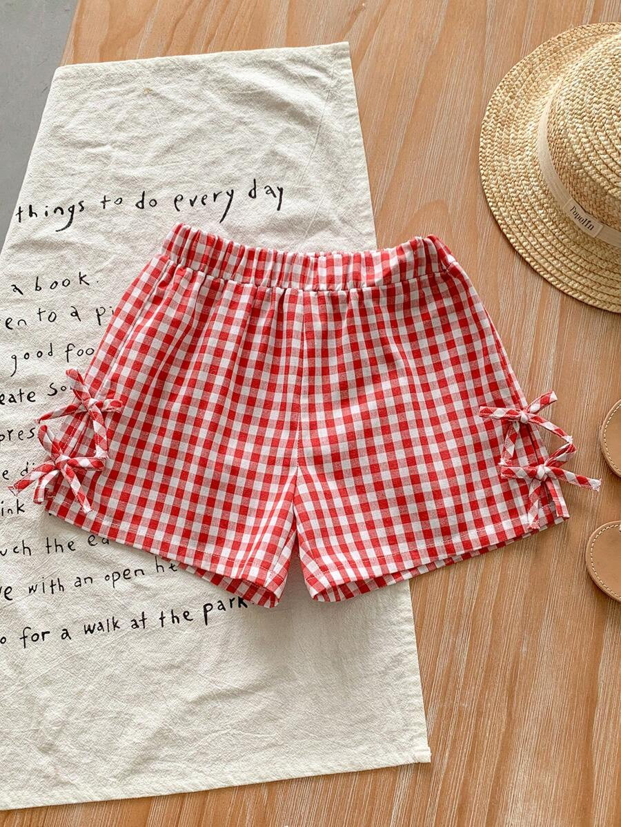 SHEIN LMoss Kids LMoss Young Girl's Spring/Summer Comfortable Red Plaid Woven Side Lace-Up, Bow D... | SHEIN