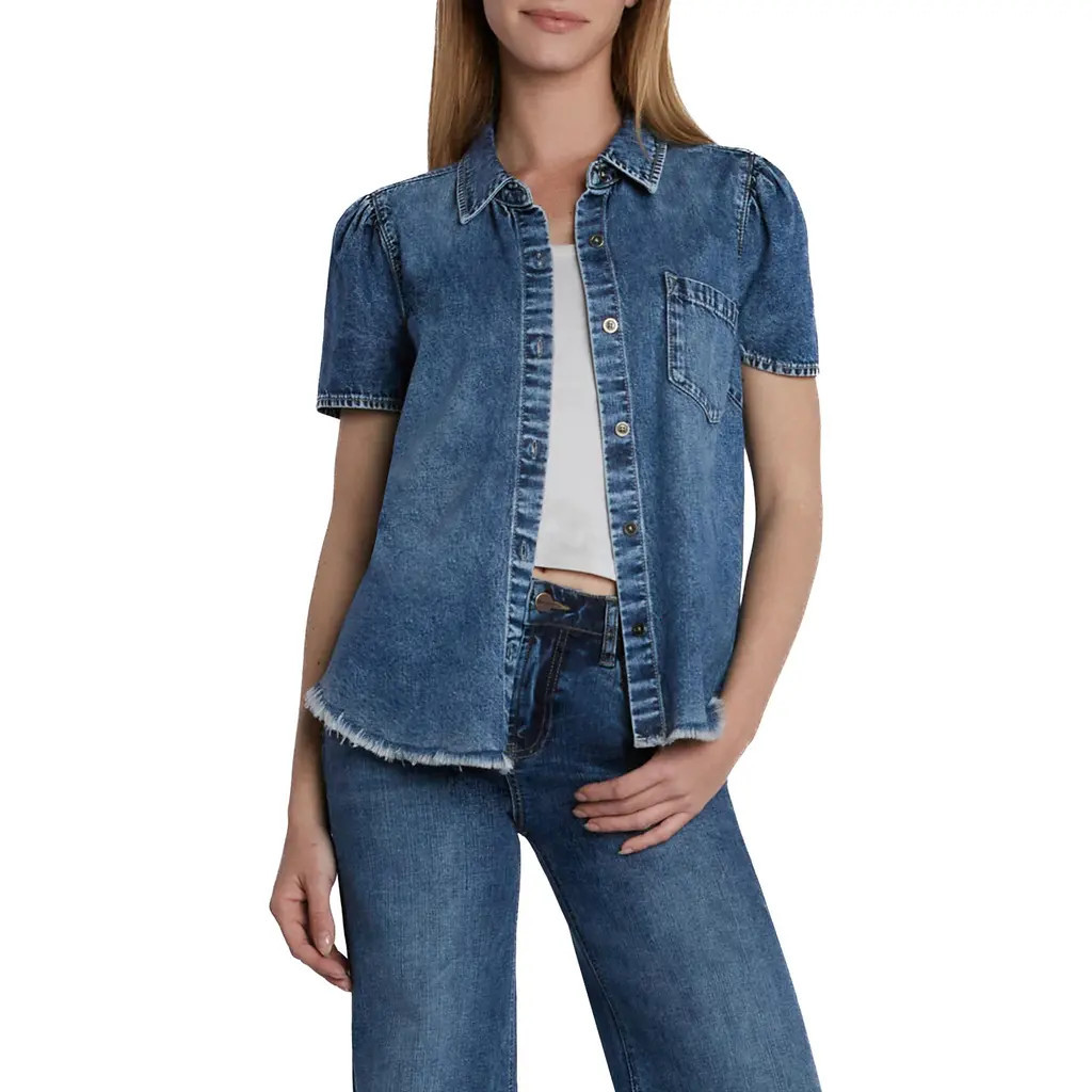 Wash Lab Denim Puff Sleeve Denim Shirt in Denim Shark at Nordstrom, Size Small | Nordstrom