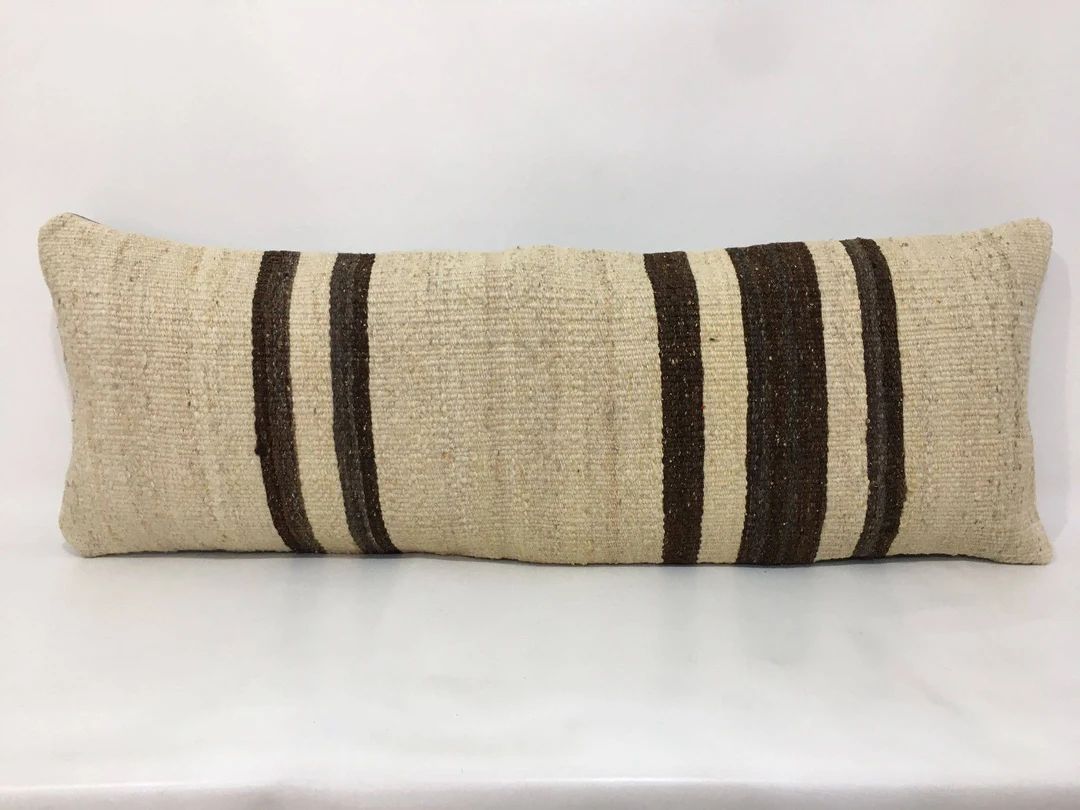 Organic Cream Wool with Neutral Brown Striped Long Bed Pillow Cover, Turkish Long Lumbar Pillow C... | Etsy (US)