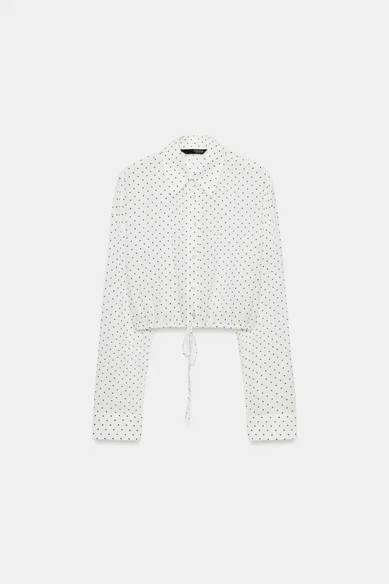 CROPPED POLKA DOT CHIFFON SHIRT WITH DRAWSTRING | Zara US
