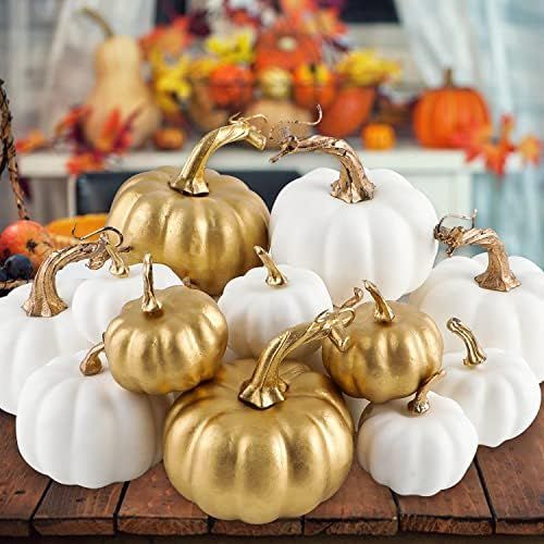 Ywlake 16pcs Pumpkin Autumn Decorations, Decorative Large Small Outdoor White and Gold Foam Plast... | Amazon (US)