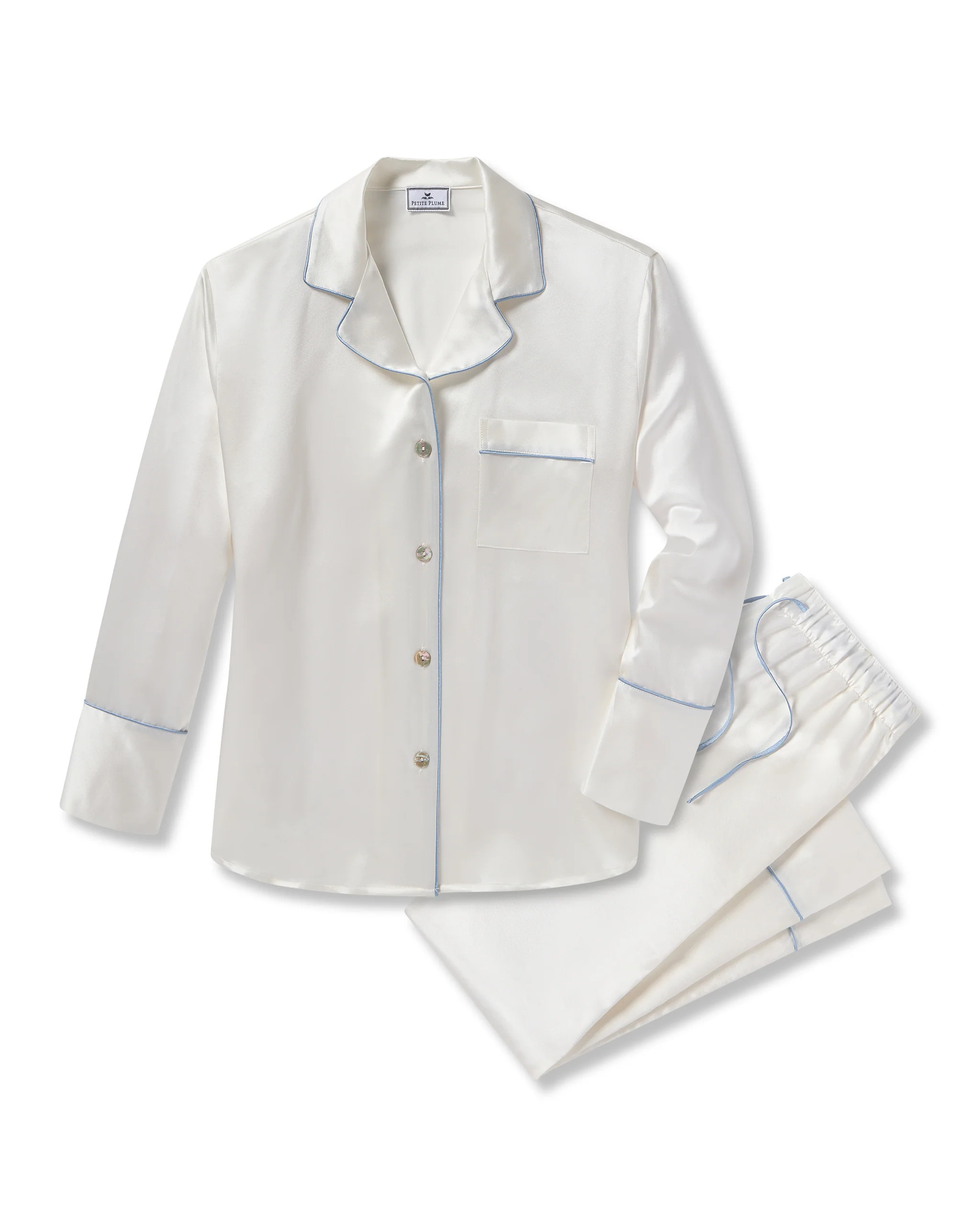 Women's Silk Pajama Set in White with Periwinkle Piping | Petite Plume