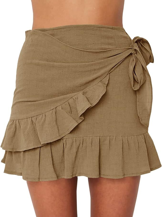 Jeanewpole1 Women's Floral Mini Skirts Wrap Pleated Ruffle Hem Cute Beach A Line Short Skirts | Amazon (US)