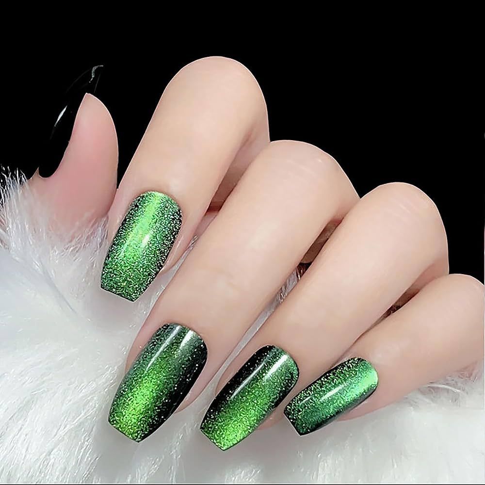 KKUUOO Cat Eye Press on Nails Medium Coffin Fake Nails Green Glitter False Nails with Gradient De... | Amazon (US)