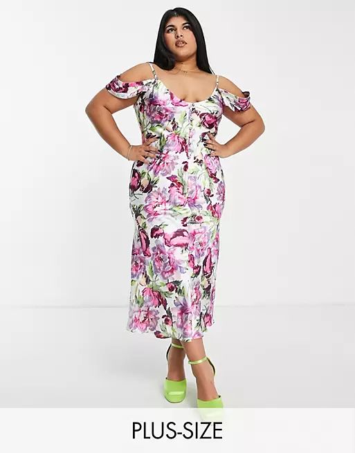 Hope & Ivy Plus Kerry off shoulder printed dress in pink | ASOS (Global)