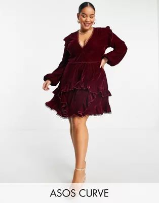 ASOS DESIGN Curve velvet mini dress with circle trim in berry | ASOS (Global)