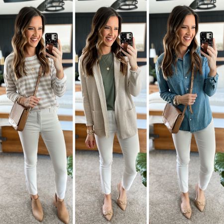Spring Capsule Wardrobe 

Jeans (2 regular)
Stripe sweater (medium) 
Green tee (small) 
Cardigan (small) 
Chambray shirt (small) 
All shoes are tts 

Code CLOTHEDINGRACEBLOG for 20% off my bag and booties 

#LTKFind #LTKunder50 #LTKstyletip