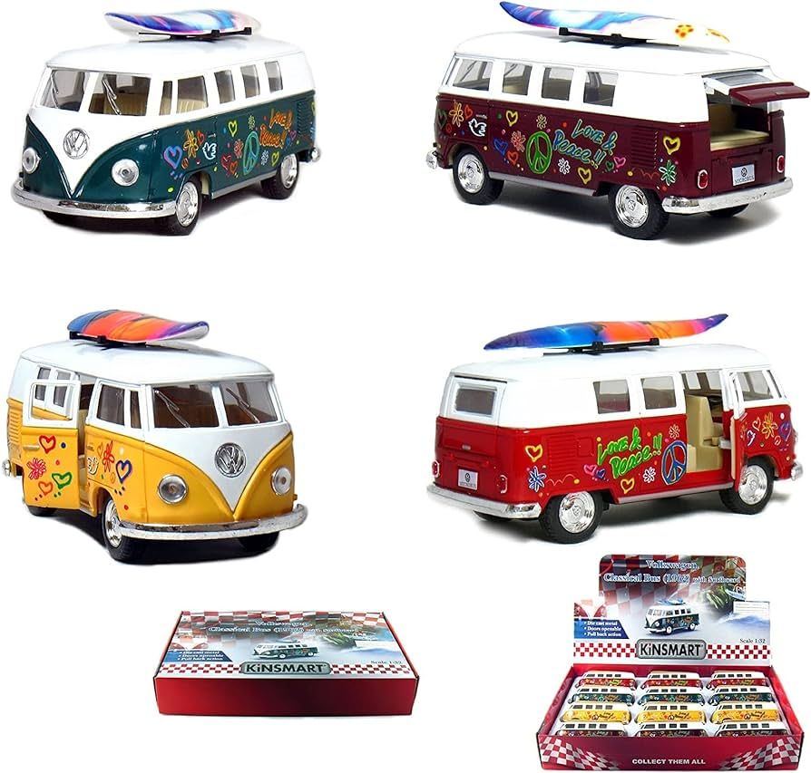 Set of 4 Vehicles: 5" 1962 VW Classic Van Flowers with Surfboard (Red, Green, Maroon and Yellow) | Amazon (US)