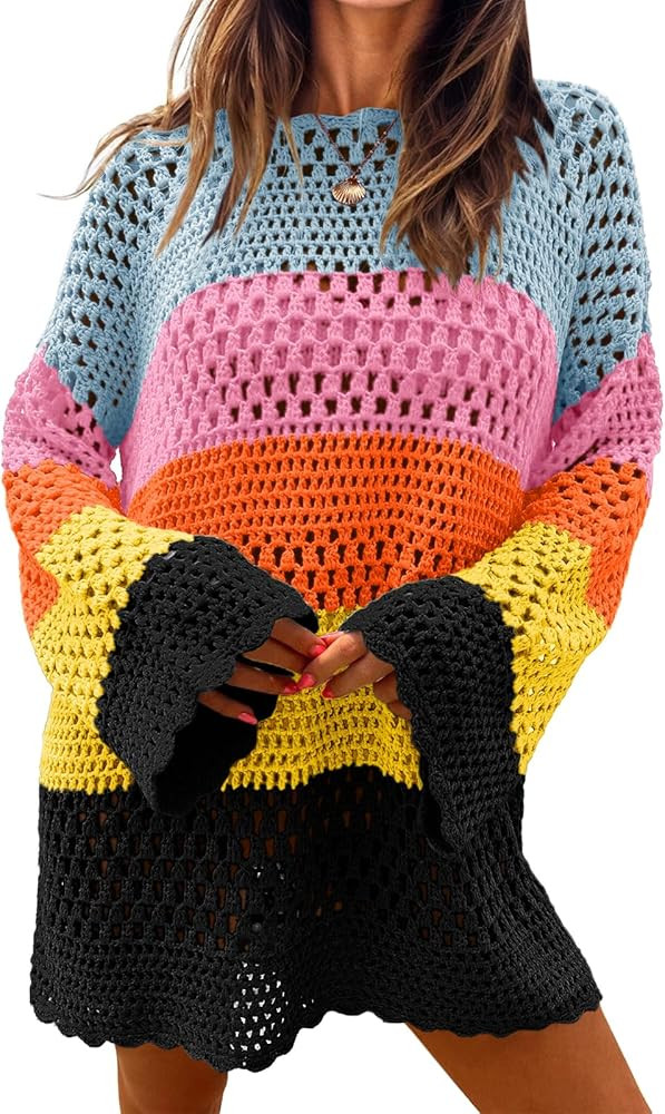 Langwyqu Womens Crochet Swimsuit Coverup Long Sleeve Color Block Bathing Suit Cover Ups Summer Be... | Amazon (US)