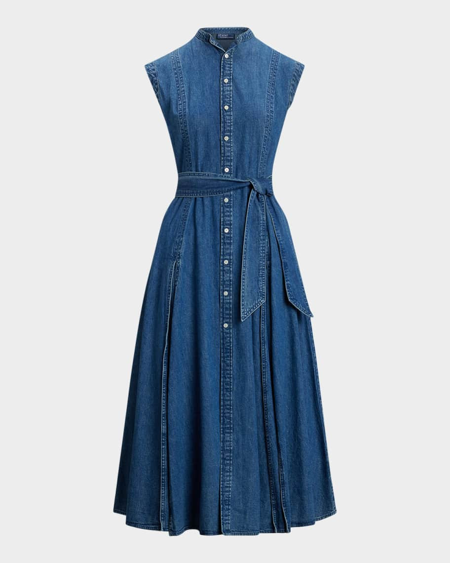 Belted Denim Sleeveless A-Line Dress | Neiman Marcus