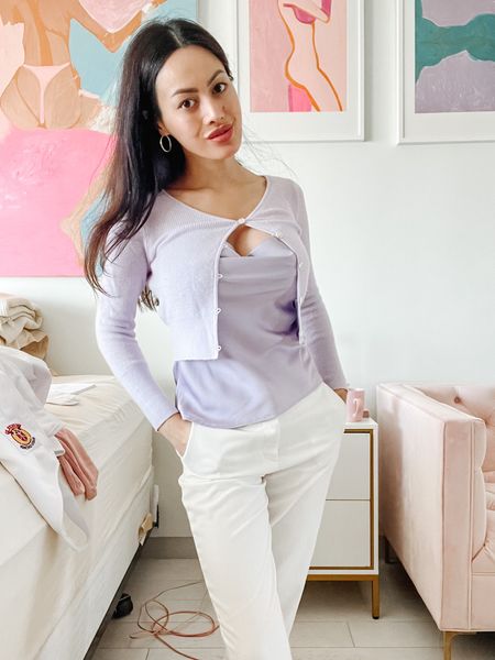 This #JCrew #cashmere #cardigan in a #cropped cut is my go-to as I have them in every colour including this #lilac #lavender tone. It’s so flattering on any frame and the #satin #cowl #cami in a similar gradient is my lazy way of feminising this #dressed #up #casual look. #White #trousers or #pants are a must. 

#LTKworkwear #LTKstyletip #LTKSeasonal