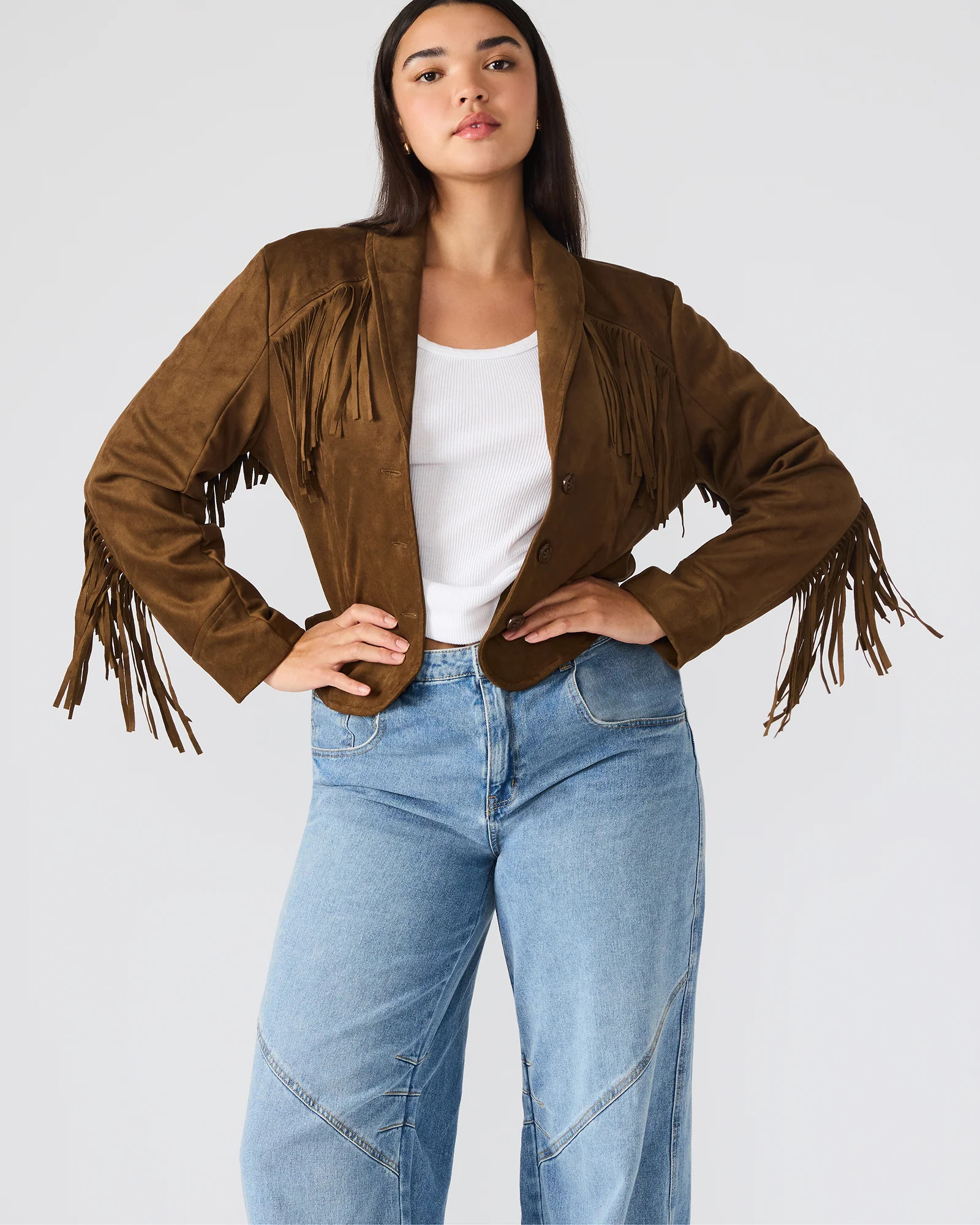 DALLAS Chestnut Long-Sleeved Button-Up Fringe Women's Jacket | Steve Madden (US)