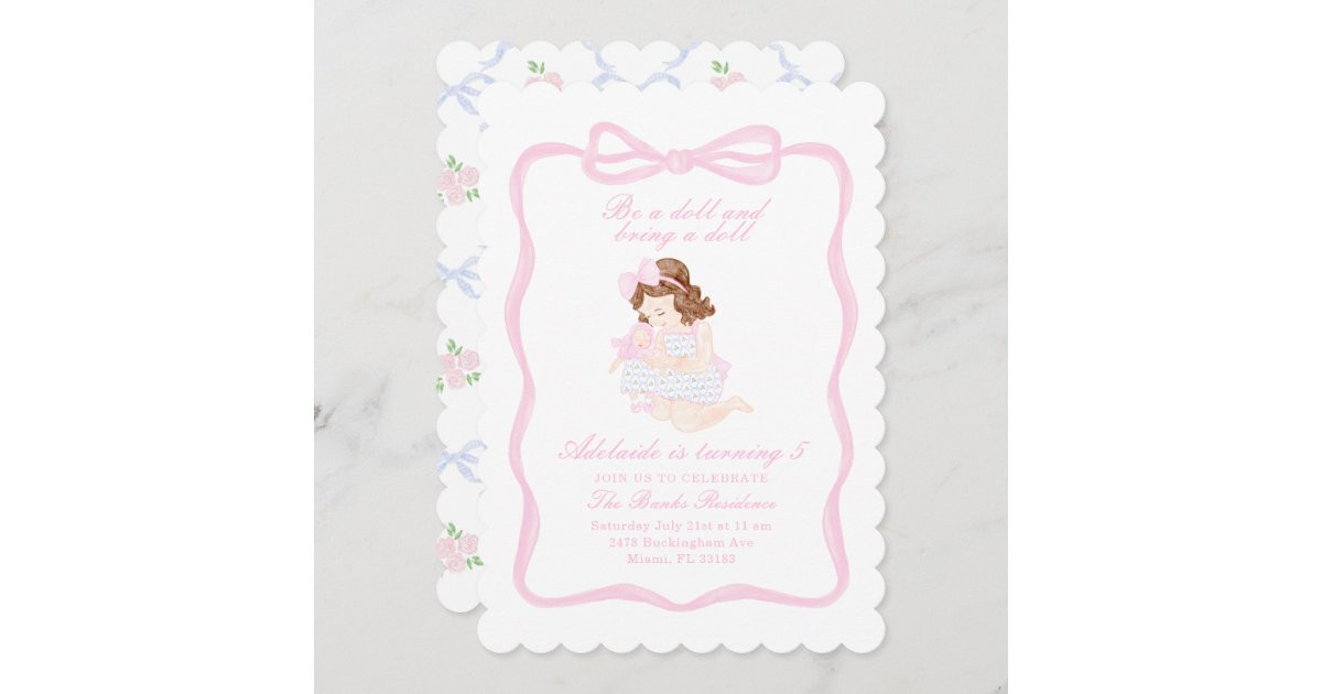 Bring a Doll Birthday Preppy Grandmillennial Invitation | Zazzle | Zazzle